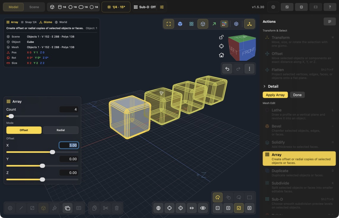 Array preview with four rounded blocks, Count 4, Offset mode, X 3, Y 0, Z 0, and Apply Array in Actions.