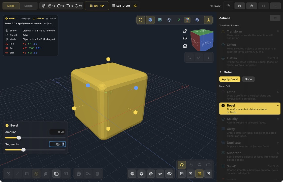 Bevel preview on a cube with Amount 0.20, Segments 3, and Apply Bevel and Done visible in Actions.