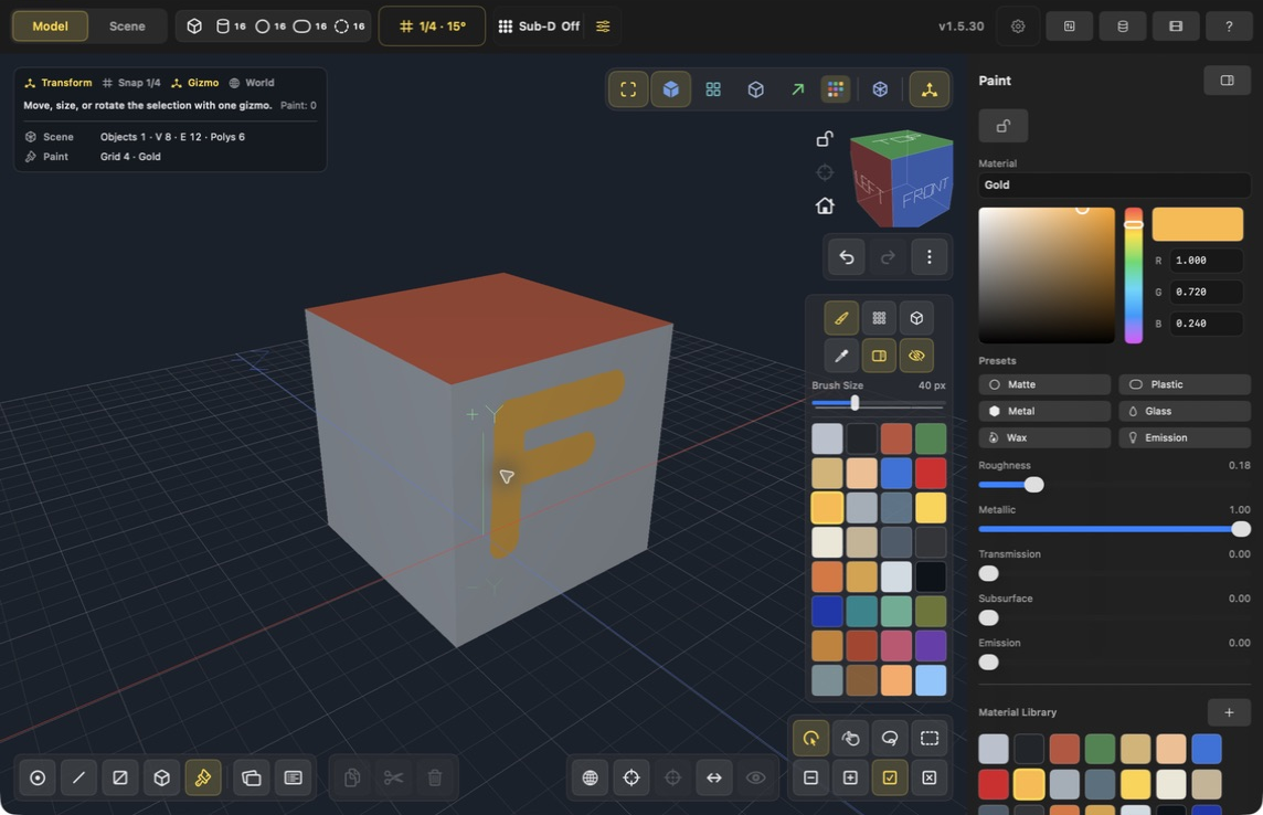 Continuous gold brush strokes forming an F on a cube, with Brush scope selected and Brush Size set to 40 px in the current Mac painting interface.
