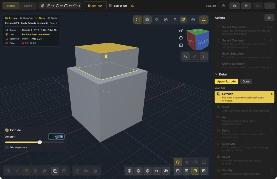 Extrude preview with Amount 0.75, a raised square above the inset border, and Apply Extrude and Done visible.