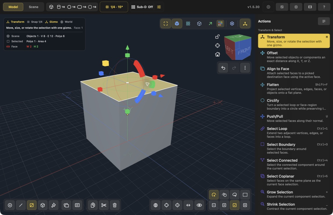 The top face of the cube is selected and the Actions panel shows face-editing tools.