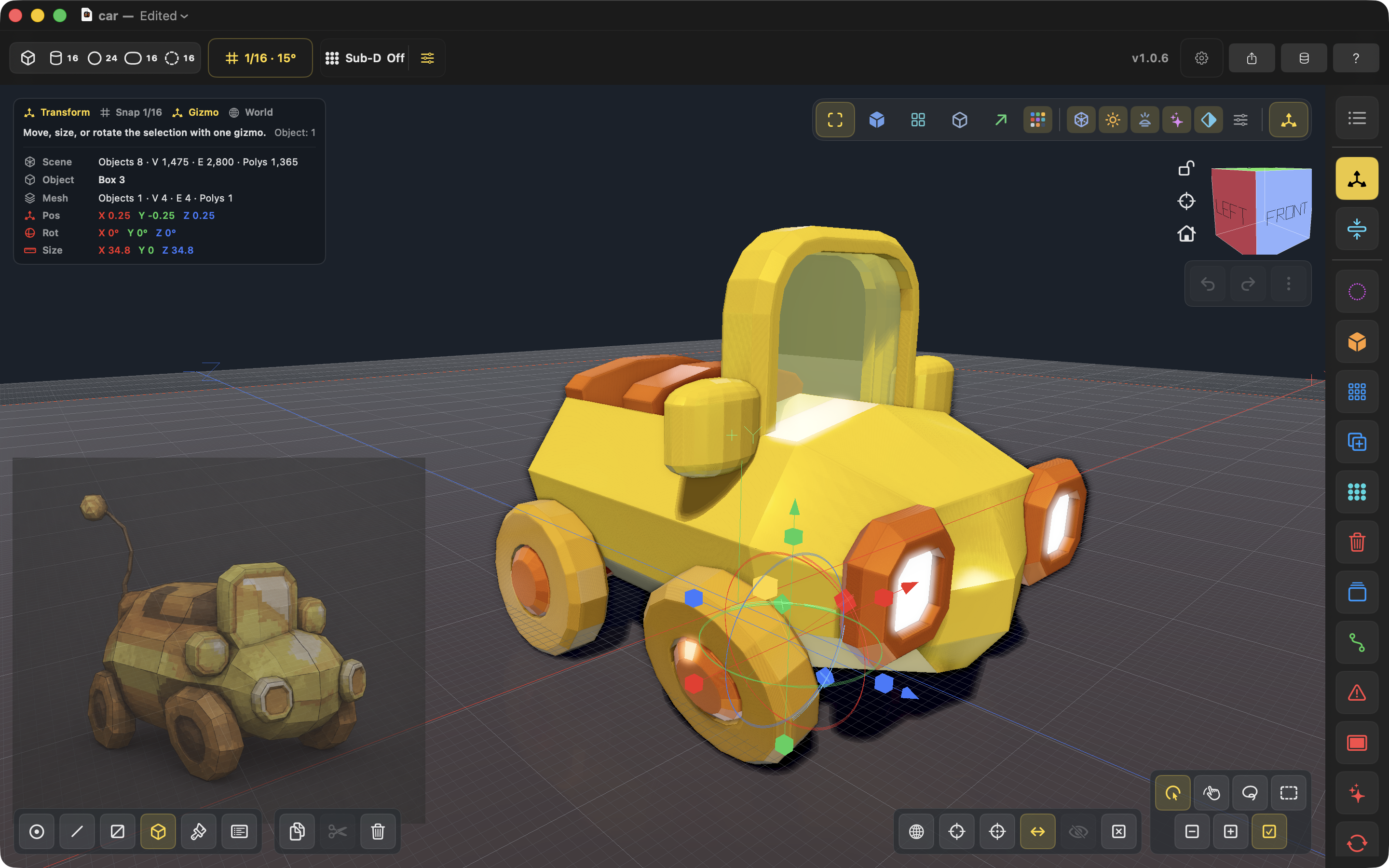 A low-poly vehicle assembled in Denrim Forge