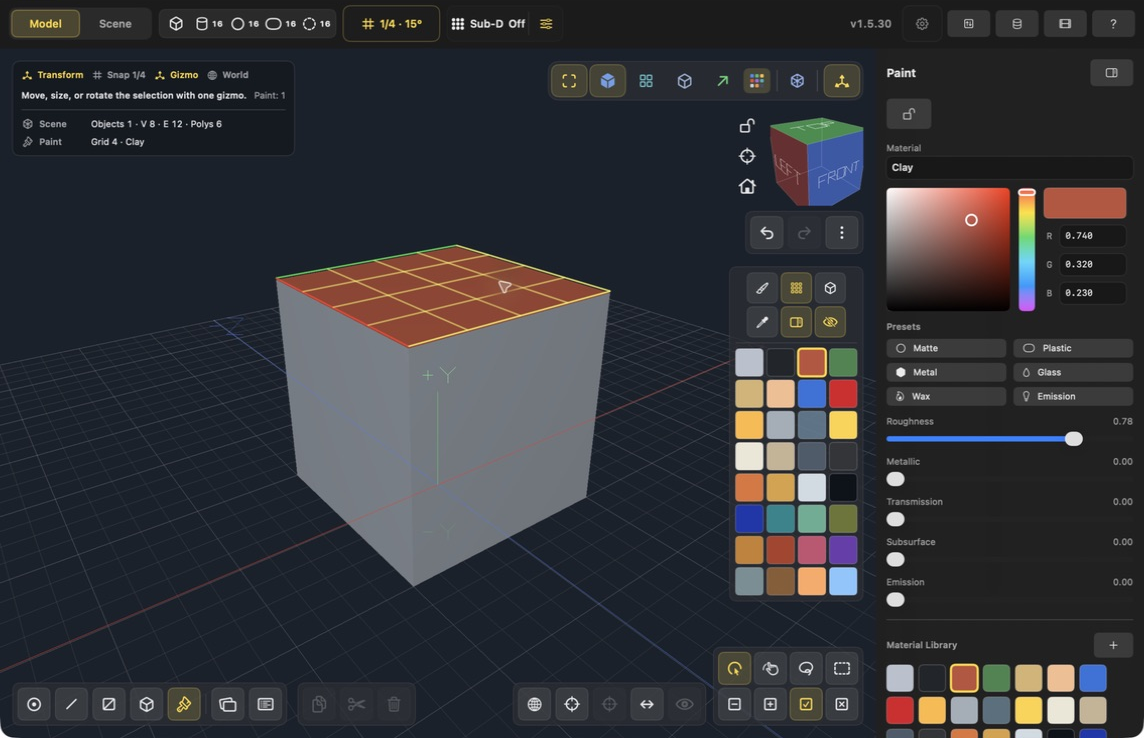 Paint mode with Face scope selected in the floating palette, Clay active in the right panel, and only the cube's top surface painted clay-red.
