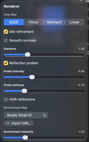 Close-up of Renderer Options, including the active Studio Small 01 Environment Map picker.