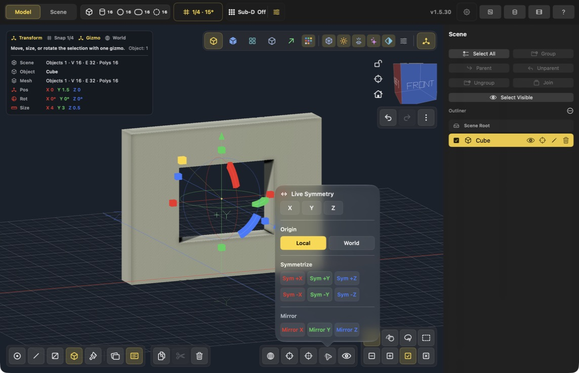 Live Symmetry popover with Local and World origin choices, Symmetrize positive/negative axis buttons, and Mirror X/Y/Z controls.