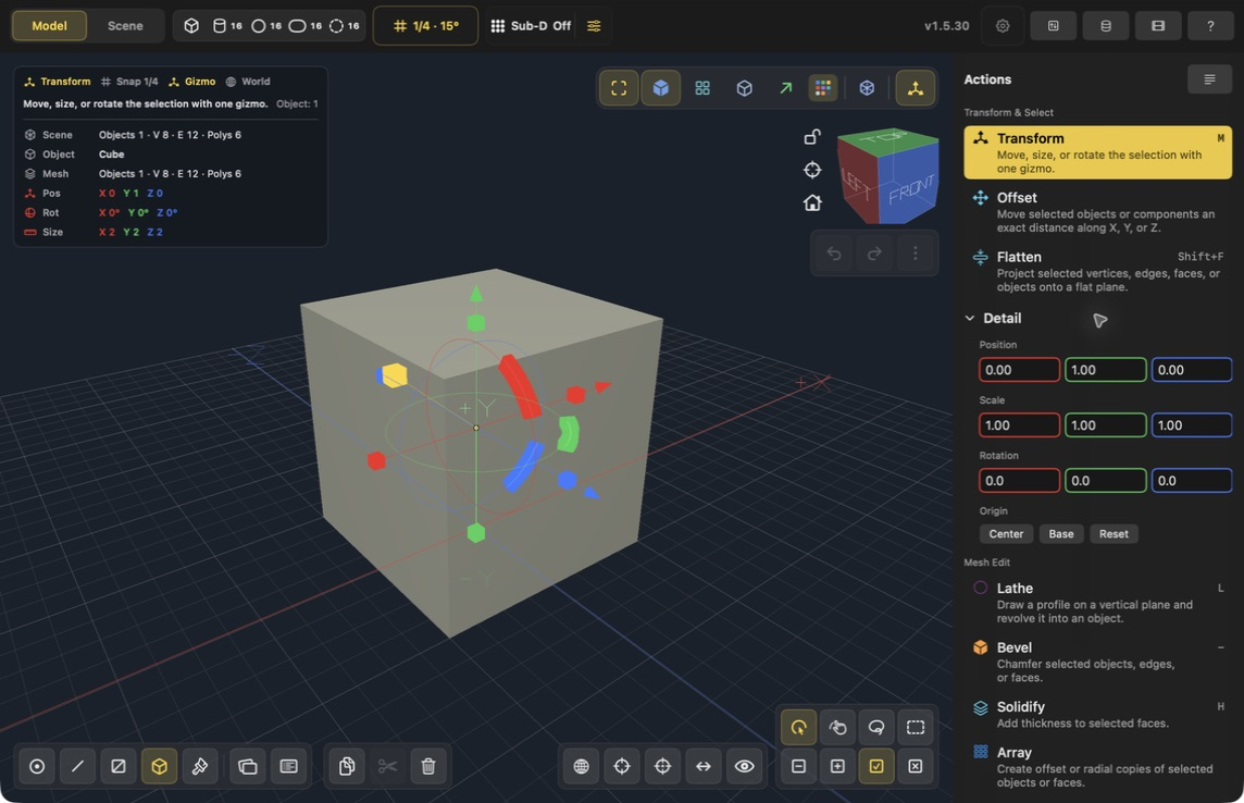 Transform selected in the Mac app, with Detail expanded and the Position fields visible above Scale and Rotation.