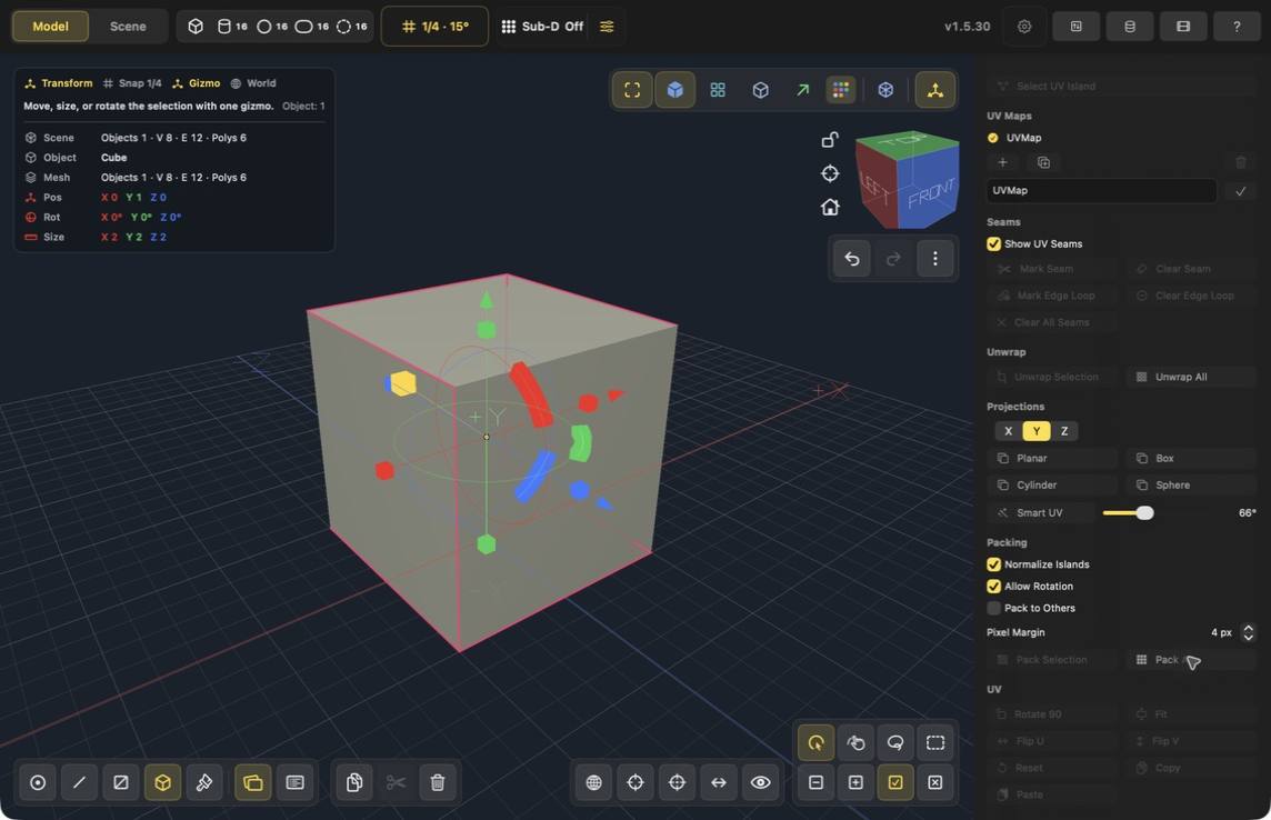The UV panel scrolled to Projections and Packing, showing Smart UV, Normalize Islands, Allow Rotation, a 4 px margin, and Pack All.