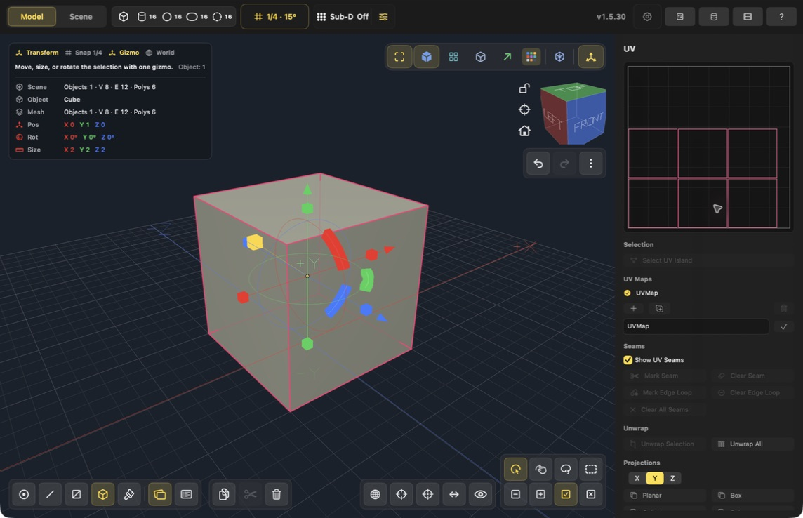 UV preview showing six separate square face islands arranged in two rows of three after Smart UV and Pack All.